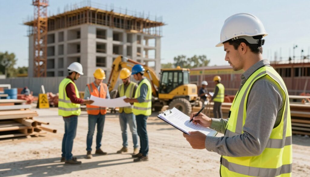 A construction site bustling with activity, showcasing a diverse team of professionals in hard hats and safety vests, actively collaborating. In the foreground, a project manager, dressed in business casual attire, reviews blueprints on a clipboard, emphasizing legal and technical responsibilities. The middle ground features workers operating machinery and arranging materials, with safety signs clearly visible. In the background, a partially constructed building rises against a clear blue sky, conveying progress and diligence. The scene is illuminated by warm sunlight, casting clear shadows, creating a professional yet dynamic atmosphere. The focus is sharp, capturing the essence of responsibility in construction management, showcasing teamwork and the importance of safety regulations on-site.