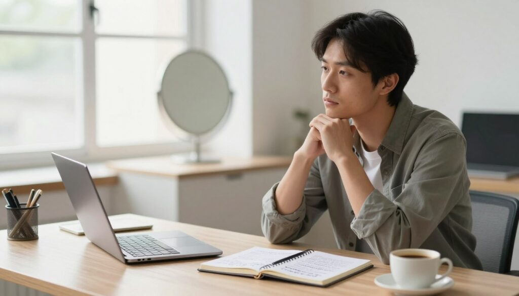 A contemplative individual sitting at a modern desk, engaged in self-reflection and evaluation of their professional skills. The foreground showcases a neatly arranged workspace with a laptop, a notebook filled with handwritten notes on personal strengths and weaknesses, and a cup of coffee. In the middle ground, a mirror is slightly visible, symbolizing self-assessment. The background includes large windows allowing natural light to flood the room, creating a warm and inviting atmosphere. A soft-focus effect enhances the professionalism of the scene. The individual is dressed in smart casual attire, exuding a sense of purpose and determination, with a serene expression as they ponder their career path. The overall mood is introspective yet hopeful, emphasizing the importance of self-evaluation in job searching. A contemplative individual sitting at a modern desk, engaged in self-reflection and evaluation of their professional skills. The foreground showcases a neatly arranged workspace with a laptop, a notebook filled with handwritten notes on personal strengths and weaknesses, and a cup of coffee. In the middle ground, a mirror is slightly visible, symbolizing self-assessment. The background includes large windows allowing natural light to flood the room, creating a warm and inviting atmosphere. A soft-focus effect enhances the professionalism of the scene. The individual is dressed in smart casual attire, exuding a sense of purpose and determination, with a serene expression as they ponder their career path. The overall mood is introspective yet hopeful, emphasizing the importance of self-evaluation in job searching.