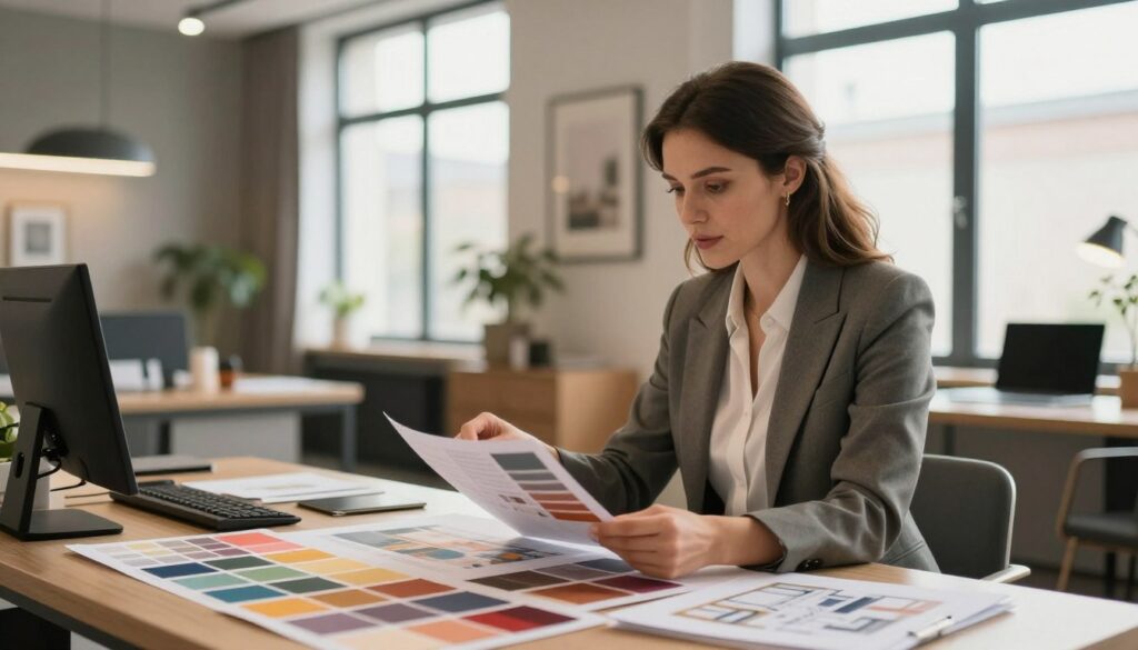 A contemporary interior designer in a stylish office setting, analyzing portfolio materials showcasing various design projects. The foreground features the designer, a professional woman in elegant business attire, focused and inspired. The middle ground showcases an array of vibrant design samples, color swatches, and architectural layouts, symbolizing creativity and professionalism. In the background, large windows allow natural light to flood the room, enhancing the atmosphere of sophistication and innovation. Soft, warm lighting creates an inviting ambiance, while a well-organized workspace evokes a sense of efficiency. The mood is aspirational and motivating, capturing the essence of interior design as a lucrative and rewarding career in Poland for 2025.