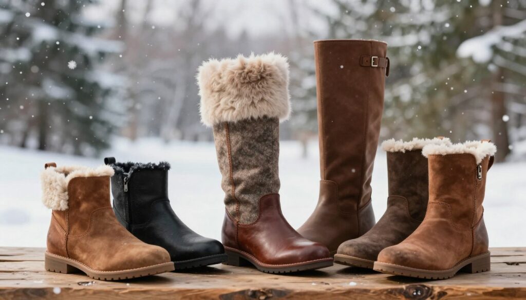 A cozy scene showcasing stylish winter footwear suitable for cooler days. In the foreground, feature a selection of Gioseppo boots, including ankle and knee-high options made of premium leather and warm textiles, displayed artistically on a rustic wooden surface. The middle ground presents a softly blurred background of a winter landscape, with gently falling snowflakes and evergreen trees, evoking a serene winter atmosphere. Natural, warm lighting illuminates the boots, highlighting their textures and details. The composition focuses on showcasing the footwear as both fashionable and functional, inviting viewers to imagine them in a stylish winter wardrobe. The mood is inviting and wintery, perfect for an article about winter footwear. A cozy scene showcasing stylish winter footwear suitable for cooler days. In the foreground, feature a selection of Gioseppo boots, including ankle and knee-high options made of premium leather and warm textiles, displayed artistically on a rustic wooden surface. The middle ground presents a softly blurred background of a winter landscape, with gently falling snowflakes and evergreen trees, evoking a serene winter atmosphere. Natural, warm lighting illuminates the boots, highlighting their textures and details. The composition focuses on showcasing the footwear as both fashionable and functional, inviting viewers to imagine them in a stylish winter wardrobe. The mood is inviting and wintery, perfect for an article about winter footwear.