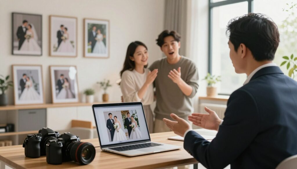 A creative and professional photography studio setup illustrating factors influencing photographer pricing, featuring a distinguished photographer in business attire discussing with a couple in a beautifully decorated indoor environment. In the foreground, showcase a well-arranged workspace with camera gear and a laptop displaying beautiful wedding photos. The middle ground captures the engaged couple actively discussing their wedding ideas, with a mood of excitement and professionalism. In the background, soft lighting highlights framed photographs of various weddings, symbolizing different price tiers, while a large window lets in warm, natural light, creating a welcoming atmosphere. Use a shallow depth of field to emphasize the action in the foreground while maintaining an inviting backdrop.