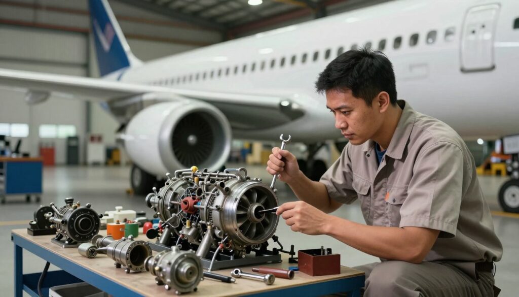 A dedicated aircraft mechanic working in a hangar, focusing on a detailed inspection of an airplane engine. In the foreground, the mechanic, a Southeast Asian male in modest, professional work attire, is crouching with a wrench in hand, examining the engine with intense concentration. In the middle ground, various aircraft components are neatly organized on a workbench, showcasing the complexity of aircraft mechanics. The background features a large aircraft parked in the hangar, illuminated by soft, diffused lighting that highlights the gleaming surfaces of metal and tools. The atmosphere is one of professionalism and expertise, conveying the demanding nature of the profession. Shot with a wide-angle lens, allowing for a dynamic perspective that emphasizes the scale of the aircraft and the intricate work involved in maintenance.
