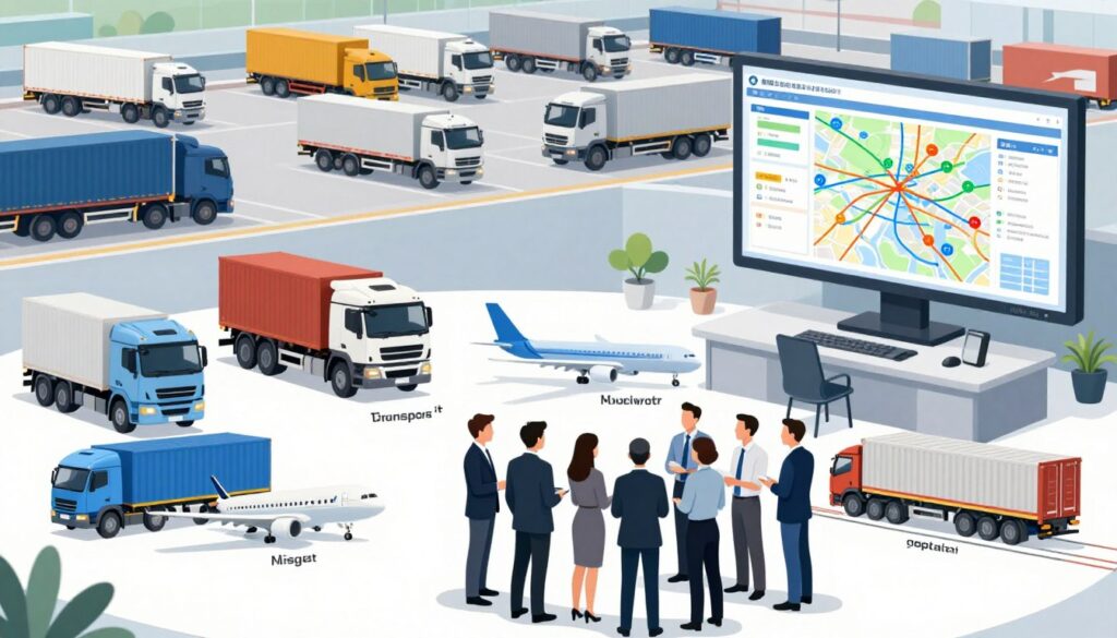 A detailed and informative illustration of the division of logistics based on transport branches. In the foreground, showcase a group of professionals in business attire, discussing transport models featuring trucks, ships, airplanes, and trains, with clear representations of each mode. In the middle ground, depict a logistics control room with a large screen displaying charts and maps indicating routes and transportation networks. The background should feature a busy logistics hub with various transport vehicles in action. Use bright, clear lighting to enhance visibility and create a professional atmosphere, capturing the dynamic nature of the logistics industry. The composition should focus on collaboration and organization in shipping and transport logistics, emphasizing the interconnectedness of different transport branches. A detailed and informative illustration of the division of logistics based on transport branches. In the foreground, showcase a group of professionals in business attire, discussing transport models featuring trucks, ships, airplanes, and trains, with clear representations of each mode. In the middle ground, depict a logistics control room with a large screen displaying charts and maps indicating routes and transportation networks. The background should feature a busy logistics hub with various transport vehicles in action. Use bright, clear lighting to enhance visibility and create a professional atmosphere, capturing the dynamic nature of the logistics industry. The composition should focus on collaboration and organization in shipping and transport logistics, emphasizing the interconnectedness of different transport branches.
