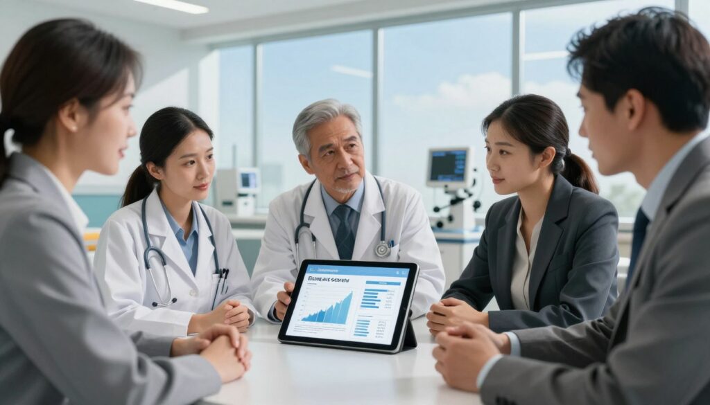 A detailed and informative scene illustrating the key factors affecting doctor salaries, particularly focusing on orthopedic specialists. In the foreground, a diverse group of healthcare professionals dressed in smart business attire are engaged in a discussion around a large, digital tablet displaying graphs and charts related to medical salaries. In the middle ground, a hospital setting with medical equipment and patient care areas is visible, symbolizing the healthcare industry. The background features a clear blue sky through large windows, creating a bright and optimistic atmosphere. Soft, natural lighting illuminates the room, highlighting the professionals’ expressions of engagement and collaboration. The image should evoke a sense of professionalism, focus, and the importance of financial understanding within the medical field. A detailed and informative scene illustrating the key factors affecting doctor salaries, particularly focusing on orthopedic specialists. In the foreground, a diverse group of healthcare professionals dressed in smart business attire are engaged in a discussion around a large, digital tablet displaying graphs and charts related to medical salaries. In the middle ground, a hospital setting with medical equipment and patient care areas is visible, symbolizing the healthcare industry. The background features a clear blue sky through large windows, creating a bright and optimistic atmosphere. Soft, natural lighting illuminates the room, highlighting the professionals’ expressions of engagement and collaboration. The image should evoke a sense of professionalism, focus, and the importance of financial understanding within the medical field.
