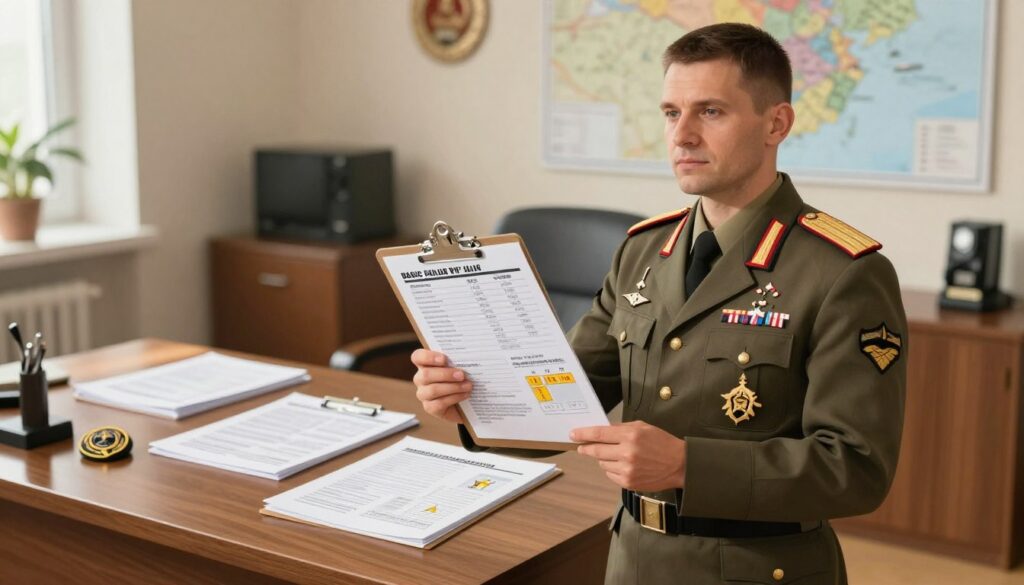 A detailed and professional illustration representing the components of a military officer's basic salary in Poland. In the foreground, a confident officer in a perfectly fitted military uniform stands with a clipboard, showcasing various salary components like rank, experience, and bonus structures, represented through graphical icons or diagrams. The middle layer includes a polished wooden desk with financial documents and official insignia, emphasizing professionalism. In the background, a softly lit office setting with military awards and maps enhances the atmosphere of authority and structure. Use warm, natural lighting to evoke a sense of seriousness and determination, captured from a slightly elevated angle to give a comprehensive view of the scene.