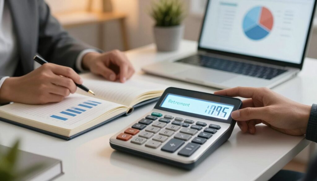 A detailed and visually engaging depiction of a retirement calculator at a sleek, modern desk. In the foreground, a professional-looking retirement calculator with a bright, digital display showing financial figures. Include a pair of hands, dressed in business attire, actively inputting data. The middle ground features an open notebook with graphs and notes related to retirement planning, alongside a laptop displaying a pie chart. The background consists of a softly blurred office environment with warm, ambient lighting that creates a focused and motivated atmosphere. Utilize a shallow depth of field to emphasize the calculator and notebooks while ensuring the overall mood is one of clarity and forward-thinking optimism regarding future financial planning.
