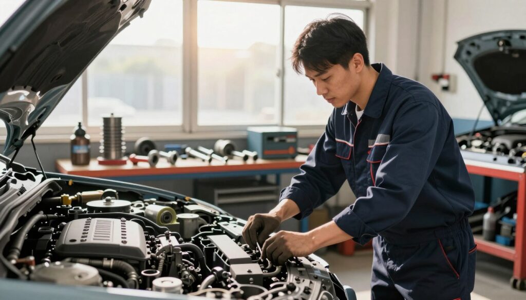 A detailed career pathway illustration for an automotive mechanic, featuring a professional mechanic in a workshop setting. In the foreground, a mechanic in a navy blue work shirt and dark trousers is engaged in hands-on work, examining a car engine on a lift. The middle ground showcases various automotive tools neatly arranged on a workbench, with car parts prominently displayed. In the background, large windows allow natural sunlight to flood in, creating a bright and inviting atmosphere. The lighting is warm and soft, highlighting the mechanic’s focused expression and the intricate details of the car's components. The overall mood conveys dedication, professionalism, and skill development, suitable for illustrating career progression and qualifications in the automotive industry.