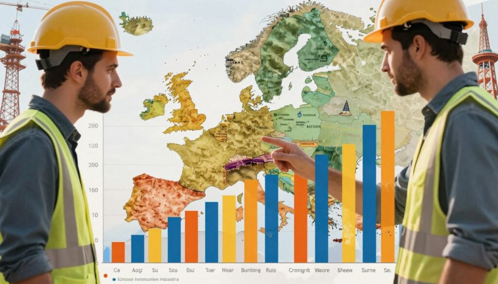 A detailed comparison of salaries in the construction industry across European countries. The foreground features a bar graph illustrating average salaries for various construction specializations, with distinct colors representing different countries. In the middle ground, there are silhouettes of construction workers dressed in professional attire, analyzing the graph with expressions of interest. The background showcases a collage of iconic European landmarks, symbolizing the diverse geography of the countries compared, bathed in warm natural lighting. The overall mood is informative and engaging, with a focus on professionalism and economic analysis, captured from an angle that emphasizes the graph and the workers’ engagement. A detailed comparison of salaries in the construction industry across European countries. The foreground features a bar graph illustrating average salaries for various construction specializations, with distinct colors representing different countries. In the middle ground, there are silhouettes of construction workers dressed in professional attire, analyzing the graph with expressions of interest. The background showcases a collage of iconic European landmarks, symbolizing the diverse geography of the countries compared, bathed in warm natural lighting. The overall mood is informative and engaging, with a focus on professionalism and economic analysis, captured from an angle that emphasizes the graph and the workers’ engagement.