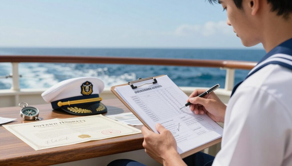 A detailed depiction of maritime financial benefits, showcasing a sailor’s bonuses and allowances. In the foreground, include a professional sailor in smart, modest casual attire, holding a clipboard filled with financial documents and charts, symbolizing earnings. In the middle ground, feature a table lined with items representing various financial additions, such as a compass, a sailor's hat, and certificates of achievement. In the background, paint a scenic view of a ship’s deck, with the ocean gently rolling under a clear blue sky. Soft, natural lighting bathes the scene, creating a calm yet industrious atmosphere. The angle captures both the sailor’s focused expression and the surrounding elements, emphasizing the connection between the sailor and their financial rewards at sea.