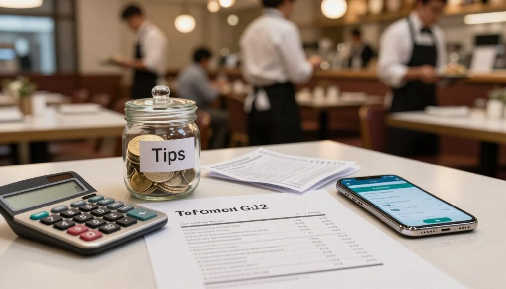 A detailed depiction of various components of a salary in the gastronomy industry. In the foreground, a neatly arranged table showcasing items associated with income, such as a calculator, contract documents, and percentages illustrating wage breakdowns. In the middle ground, visual representations like tips in a tipped jar, payment slips, or a digital payment app on a phone, reflecting real-life earning scenarios. In the background, a busy restaurant scene with staff in professional attire serving customers, creating a dynamic atmosphere. Soft, warm lighting enhances the inviting feel of a restaurant environment. Use a slight depth of field to emphasize the foreground elements while blurring the background subtly, inviting viewers to focus on the wage components and their significance in the industry. A detailed depiction of various components of a salary in the gastronomy industry. In the foreground, a neatly arranged table showcasing items associated with income, such as a calculator, contract documents, and percentages illustrating wage breakdowns. In the middle ground, visual representations like tips in a tipped jar, payment slips, or a digital payment app on a phone, reflecting real-life earning scenarios. In the background, a busy restaurant scene with staff in professional attire serving customers, creating a dynamic atmosphere. Soft, warm lighting enhances the inviting feel of a restaurant environment. Use a slight depth of field to emphasize the foreground elements while blurring the background subtly, inviting viewers to focus on the wage components and their significance in the industry.