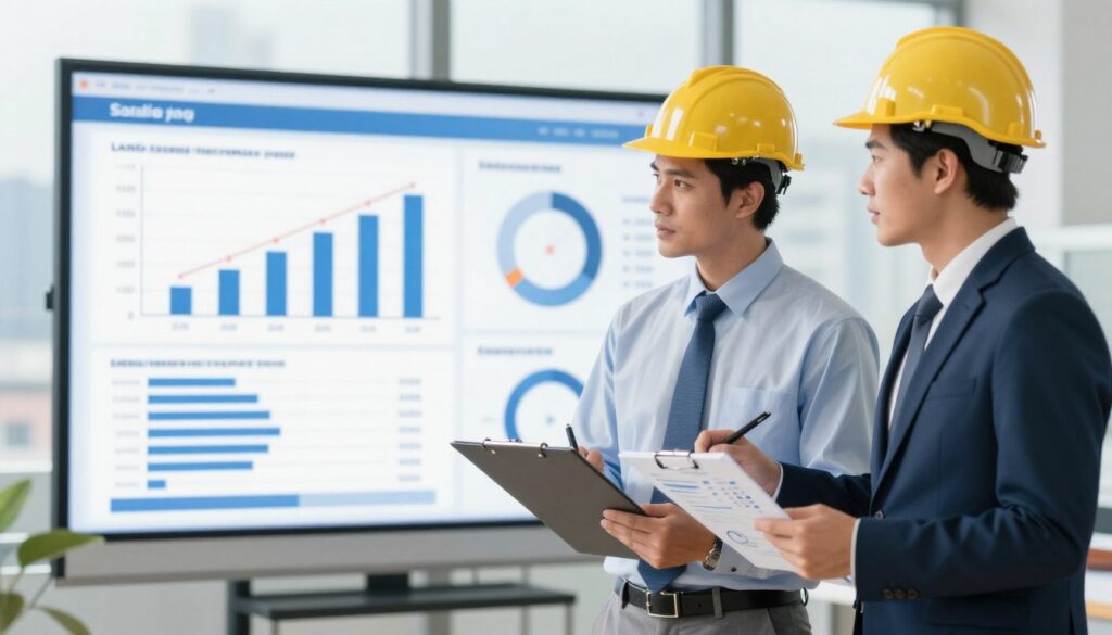 A detailed illustration comparing the salaries of land survey technicians and engineering surveyors. In the foreground, a technician and an engineer are standing side by side, dressed in professional business attire, holding clipboards and discussing charts that show salary statistics. The middle ground features a digital screen displaying graphs and infographics related to their earnings, reflecting a modern office environment. In the background, soft-focus cityscape elements, symbolizing the urban areas where these professionals work, are visible. Utilize bright, natural lighting to create an optimistic and professional atmosphere. The image should be well-balanced, capturing both characters engaged in their discussion while highlighting the data they are analyzing.