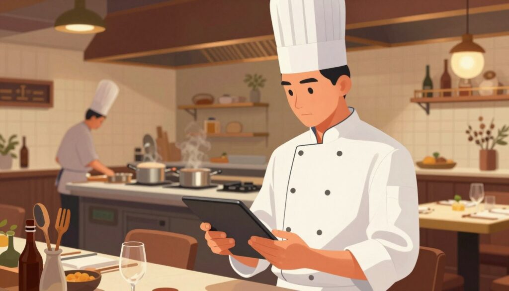 A detailed illustration depicting factors influencing a chef's salary in a restaurant setting. In the foreground, show a professional chef in a clean, well-fitted chef's uniform, thoughtfully examining a salary chart on a tablet. In the middle ground, visually convey elements such as restaurant décor, a busy kitchen, and various culinary tools that symbolize the culinary profession. In the background, include subtle depictions of different restaurant environments like a fine dining area, a hotel kitchen, and a catering setup. The lighting should be warm and inviting, mimicking a bustling restaurant atmosphere, with soft shadows for a realistic effect. The overall mood should be one of professionalism and enthusiasm, reflecting the dynamics of the culinary industry. A detailed illustration depicting factors influencing a chef's salary in a restaurant setting. In the foreground, show a professional chef in a clean, well-fitted chef's uniform, thoughtfully examining a salary chart on a tablet. In the middle ground, visually convey elements such as restaurant décor, a busy kitchen, and various culinary tools that symbolize the culinary profession. In the background, include subtle depictions of different restaurant environments like a fine dining area, a hotel kitchen, and a catering setup. The lighting should be warm and inviting, mimicking a bustling restaurant atmosphere, with soft shadows for a realistic effect. The overall mood should be one of professionalism and enthusiasm, reflecting the dynamics of the culinary industry.
