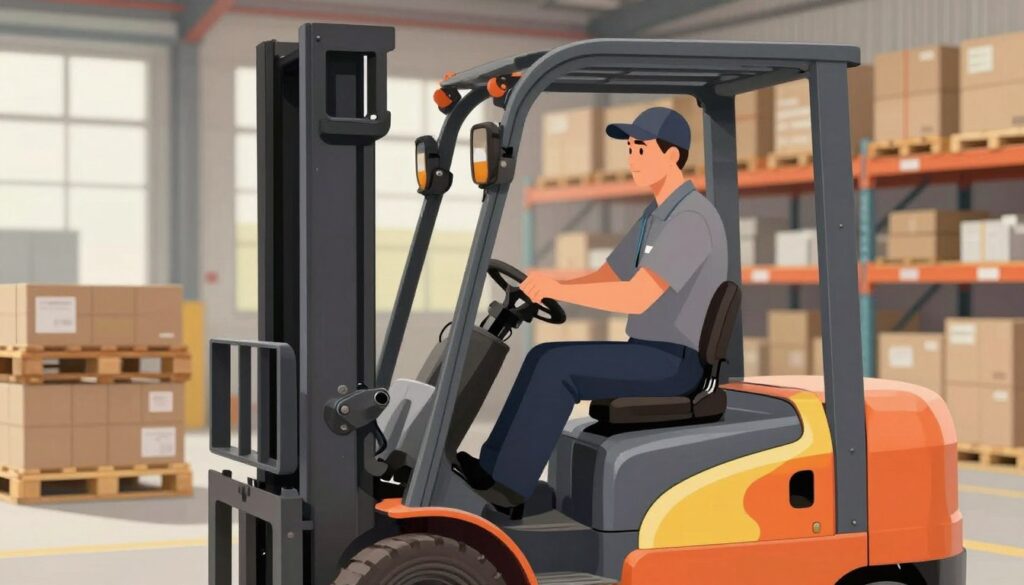 A detailed illustration depicting the key factors affecting the salary of a forklift operator. In the foreground, a professional forklift operator in a business casual outfit, confidently operating a modern forklift, showcasing a look of concentration and skill. In the middle ground, various elements like a stack of pallets and a warehouse environment with organized goods, representing the work setting. The background features shelves filled with boxes, softly blurred to emphasize depth. Warm, natural lighting filters through large warehouse windows, creating a conducive atmosphere for productivity. The scene should evoke a sense of professionalism and expertise, highlighting the connection between the operator’s skills and the factors influencing their earnings.