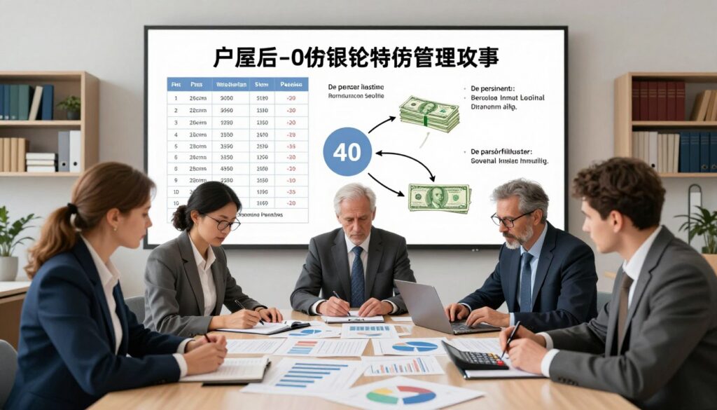 A detailed illustration of the mechanisms for calculating pensions in the Polish pension system. In the foreground, a diverse group of professionals in business attire is gathered around a large table covered with charts, graphs, and calculators, analyzing data. The middle layer features an oversized wall-mounted chart displaying key statistics and formulas related to pension calculations, with diagrams depicting the flow of money into and out of the system. In the background, soft office lighting illuminates a modern office space with shelves filled with books on economics and finance, providing a scholarly atmosphere. The mood conveys seriousness and focus, reflecting the importance of understanding pension entitlements after 40 years of minimum wage work. The angle captures an engaging perspective that draws the viewer into the analytical scene.