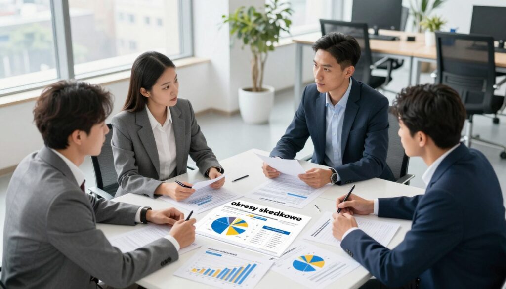 A detailed illustration representing "okresy składkowe" in a professional context. In the foreground, a diverse group of four business professionals, dressed in smart business attire, are engaged in a detailed discussion over various charts and graphs on a large table. The middle ground features a variety of documents and infographics illustrating the concept of contribution periods and non-contribution periods. In the background, a modern office setting with large windows allowing natural light to flood the space, creating a bright and inviting atmosphere. The angle captures the scene from a slightly elevated perspective, allowing for an expansive view of interaction and engagement among the professionals, conveying a mood of collaboration and serious discussion about pensions and work history.
