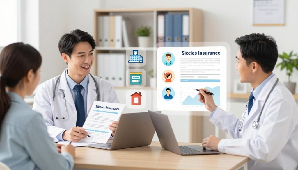 A detailed illustration showcasing the differences between health insurance and sickness insurance. In the foreground, a split screen with two distinct sections: on the left, a professional, friendly medical consultant in business attire discussing health insurance documents with a patient; on the right, the same consultant explaining sickness insurance options while using visual aids like charts and graphs. The middle ground features icons representing various healthcare services, such as hospitals, pharmacies, and primary care. In the background, a softly lit office environment with shelves of medical books and plants, creating a calm and informative atmosphere. The overall mood should be educational and reassuring, emphasizing clarity and understanding in health insurance topics.