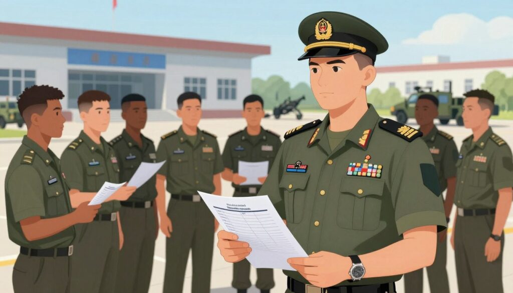 A detailed illustration showcasing the specificity of salaries in the Territorial Defense Forces. In the foreground, a professional-looking military officer in a well-fitted uniform stands confidently, holding paperwork that symbolizes pay structure and benefits. The middle ground features a group of diverse service members in military attire discussing various aspects of compensation and bonuses in a collaborative setting. In the background, a modern military base is depicted, with training exercises and vehicles enhancing the scene. Soft, natural lighting illuminates the area, creating a sense of camaraderie and determination. The overall atmosphere reflects professionalism and dedication to duty, capturing the unique financial landscape of military careers.