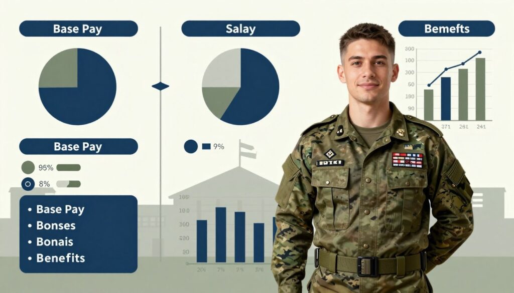 A detailed infographic-style illustration showcasing the structure of a corporal's salary in the military. In the foreground, there’s a professional soldier in a neat military uniform, standing confidently with a slight smile, symbolizing stability and professionalism. The middle ground features well-organized charts and graphs that depict the fundamental salary components and additional allowances, with clear sections for base pay, bonuses, and benefits, all in military-themed colors like olive green and navy blue. The background shows a subtle military base silhouette, giving context to the profession. The lighting is bright yet soft, highlighting the soldier and the graphics clearly. The overall mood is informative and optimistic, aiming to educate the viewer about military compensation.