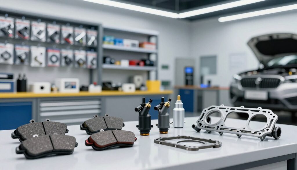 A detailed representation of automotive parts in a professional setting; in the foreground, display a variety of car components, such as brake pads, fuel injectors, and engine gaskets, meticulously arranged on a clean, reflective surface. In the middle ground, include shelves filled with packaged automotive parts and tools, emphasizing organization and quality. The background should feature a high-tech automotive workshop with bright, crisp LED lighting that highlights the intricate details of the components. Use a shallow depth of field to focus on the parts while softly blurring the workshop to create a sense of depth. The overall mood should convey innovation, precision, and professionalism, fitting for a global leader in automotive parts. A detailed representation of automotive parts in a professional setting; in the foreground, display a variety of car components, such as brake pads, fuel injectors, and engine gaskets, meticulously arranged on a clean, reflective surface. In the middle ground, include shelves filled with packaged automotive parts and tools, emphasizing organization and quality. The background should feature a high-tech automotive workshop with bright, crisp LED lighting that highlights the intricate details of the components. Use a shallow depth of field to focus on the parts while softly blurring the workshop to create a sense of depth. The overall mood should convey innovation, precision, and professionalism, fitting for a global leader in automotive parts.