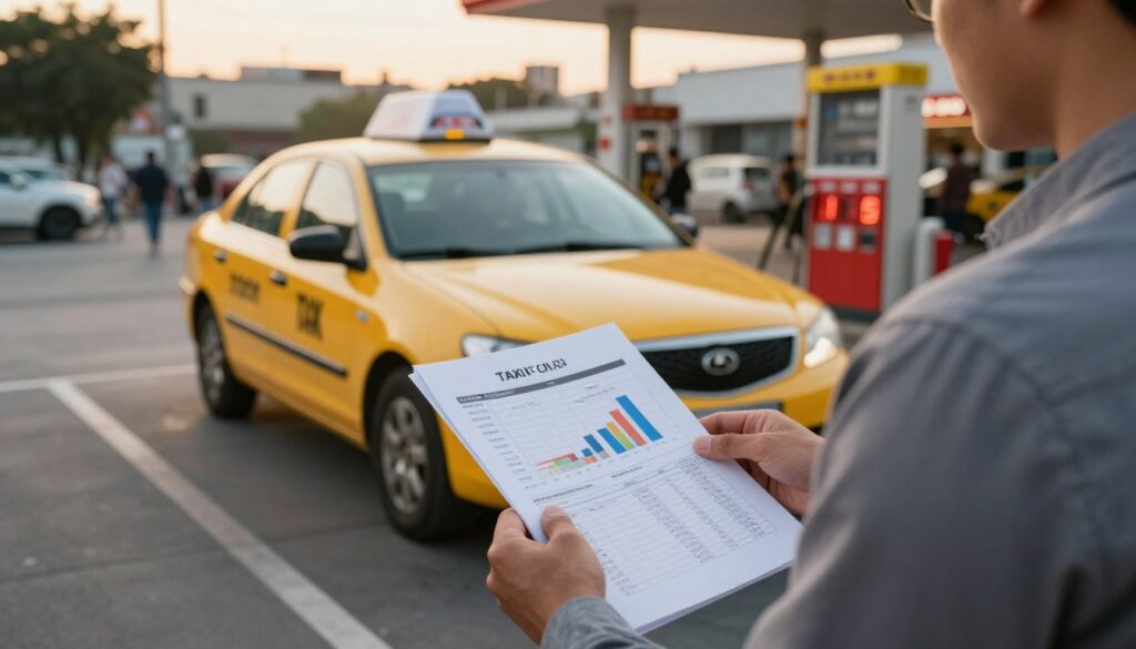 A detailed scene depicting the costs of maintaining a taxi, focusing on an urban taxi environment. In the foreground, a taxi driver, dressed in a smart casual outfit, examines a detailed document with charts and figures about car maintenance costs. In the middle ground, showcase a yellow taxi with visible signs of wear, parked beside a gas station with fuel prices prominently displayed. The background features a bustling city street with blurred pedestrians and other vehicles, under a soft golden hour light that creates a warm atmosphere. The lens is slightly wide-angle, capturing both the foreground's detail and the city's vibrancy, while the mood is informative yet relatable, illustrating the financial aspects of being a taxi driver.