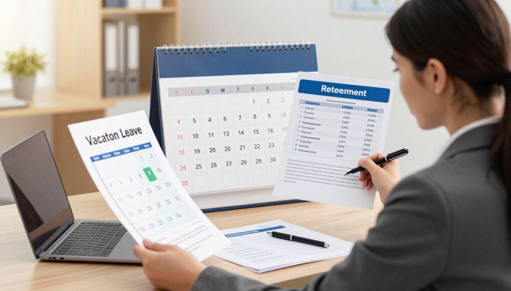 A detailed visual comparison illustrating the differences between vacation leave and retirement entitlements. In the foreground, include a professional woman in business attire, examining a flowing chart that shows vacation days on one side and retirement benefits on the other. In the middle, depict a large calendar reflecting vacation days and a retirement fund statement with an emphasis on financial figures. The background features an office environment with soft, warm lighting to create a welcoming atmosphere, highlighting a desk with a laptop and documents scattered about. Use a balanced composition with a slightly elevated angle to emphasize the informative nature of the scene without clutter, ensuring a clear focus on the topic.