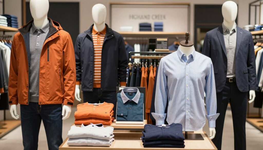 A detailed visual comparison of Highland Creek apparel against its market competitors. In the foreground, a neatly arranged display of Highland Creek clothing items—jackets, shirts, and pants—featuring vibrant colors and modern designs, all presented on stylish mannequins dressed in professional casual attire. In the middle ground, several competitor brands' clothes are showcased, slightly blurred to emphasize Highland Creek. The background features a subtle, upscale retail environment with soft lighting that highlights the quality of the fabrics. The atmosphere conveys a sense of sophistication and innovation, with a focus on the texture and craftsmanship of each clothing piece. The scene is viewed from an eye-level angle, ensuring clarity and engagement.