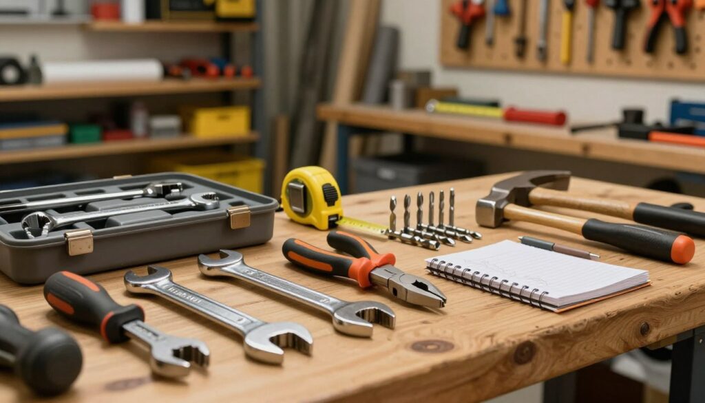 A detailed workshop tool set displayed on a wooden workbench. In the foreground, an array of hand tools including wrenches, screwdrivers, pliers, and a hammer, neatly organized in a toolbox half-open, showcasing their shiny surfaces and ergonomic grips. In the middle ground, a measuring tape and a set of drill bits are laid out, alongside a small notebook with scribbled notes on tool maintenance. The background features a softly lit garage setting with shelves filled with various materials and tools, and a pegboard displaying even more tools. The overall lighting is warm and inviting, highlighting the metallic textures of the tools and creating a sense of professionalism and craftsmanship. The atmosphere is focused, emphasizing practicality and utility.