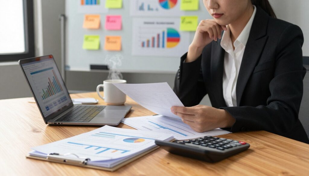 A detailed workspace scene depicting the costs of running a small business. In the foreground, a polished wooden desk is stacked with financial documents, spreadsheets, and a calculator. To one side, a laptop displays a graph of expenses, while a steaming cup of coffee rests nearby. In the middle ground, a thoughtful person in professional attire, a business woman, is analyzing the documents, looking focused and contemplative. In the background, a whiteboard filled with colorful charts and notes outlines various business expenses like rent, utilities, and salaries, creating a vibrant yet organized atmosphere. Soft, natural light filters in from a nearby window, casting gentle shadows, evoking a mood of quiet determination and professional dedication.
