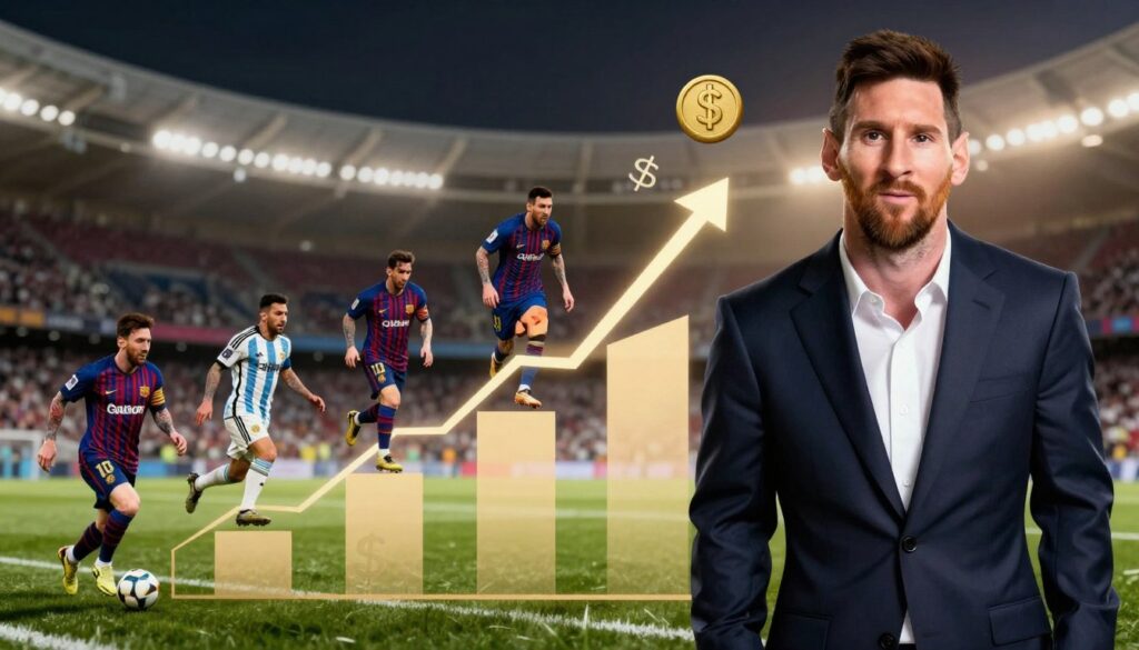 A dynamic composition illustrating the evolution of Lionel Messi's earnings over the years. In the foreground, a sleek and modern digital representation of Messi, dressed in a stylish suit, exuding confidence and professionalism. The middle ground features graphical representations of financial data, such as upward-trending graphs and currency icons, symbolizing his growing wealth. The background presents iconic stadiums and moments from Messi's career, creating a visual timeline of his achievements. Soft, warm lighting bathes the scene, highlighting the contrast between past and present. The overall atmosphere should convey ambition, success, and the remarkable journey of an Argentine superstar, capturing the essence of his financial evolution in a visually striking manner.