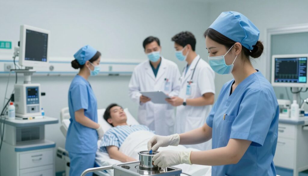 A dynamic hospital scene focused on a high-risk department, illustrating the scope of responsibilities. In the foreground, a professional female hospital cleaner in scrubs and a mask meticulously sanitizes medical equipment. In the middle ground, medical staff, including a doctor and nurse, engage in a serious discussion by a patient’s bedside, emphasizing teamwork and vigilance. The background features a high-tech monitoring station and medical supplies, creating a sense of urgency and professionalism. The lighting is bright and clinical, with soft shadows to enhance depth. The mood conveys a serious and focused atmosphere, highlighting the importance of cleanliness and safety in high-risk environments.