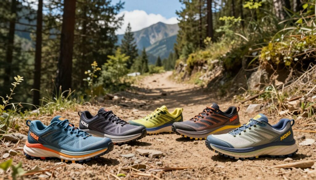 A dynamic outdoor scene featuring a variety of popular trail running shoes displayed prominently in the foreground. The shoes should showcase diverse models from the Hoka brand, highlighting their unique designs and vibrant colors. In the middle ground, a soft focus on a rugged, scenic trail winding through a dense forest, emphasizing the natural environment where these shoes excel. The background should consist of tall trees and mountains under a bright blue sky, conveying a sense of adventure. The lighting is bright and warm, casting soft shadows to enhance the texture of the terrain and shoes. The overall mood is energetic and inspiring, inviting viewers to imagine exploring the great outdoors.