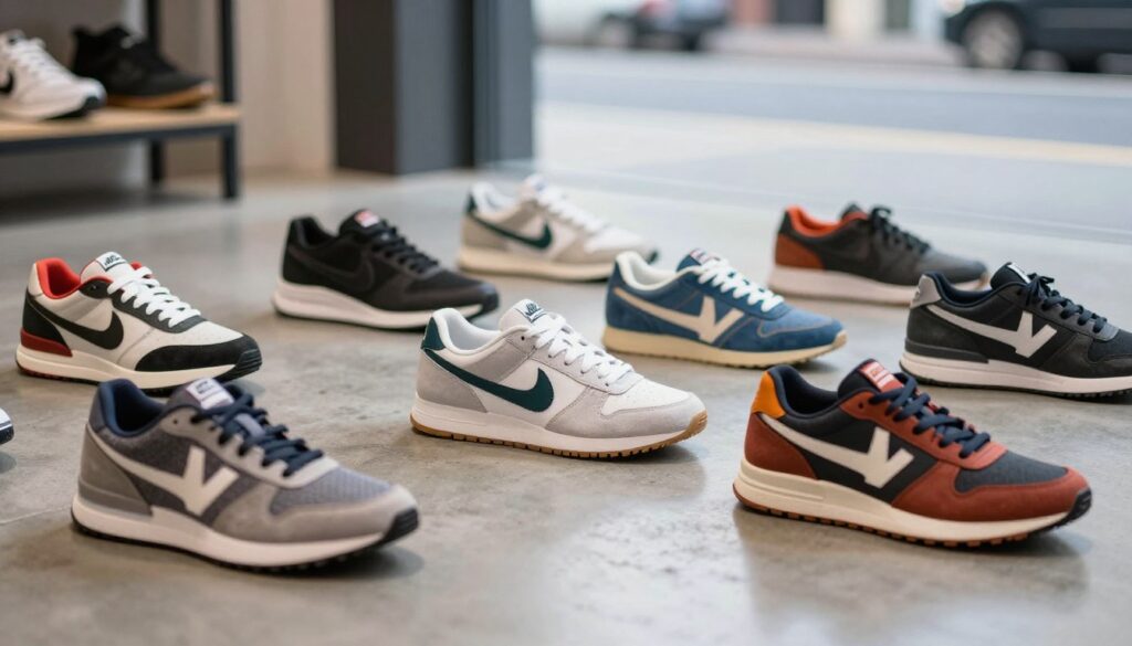 A dynamic scene featuring a variety of stylish sneakers displayed prominently in the foreground, showcasing different designs and colors, including classic, modern, and experimental styles. The middle section features a minimalist urban environment with a smooth concrete surface reflecting soft ambient light, enhancing the sneaker's vibrant colors and textures. In the background, a hint of a street scene can be seen, blurred to maintain focus on the footwear. Natural lighting filters through, creating a fresh and energetic atmosphere that speaks to an active lifestyle. The angle is slightly elevated to give a wide view of the sneakers while capturing their intricate details, ensuring the image conveys a sense of choice and excitement in selecting stylish athletic shoes. A dynamic scene featuring a variety of stylish sneakers displayed prominently in the foreground, showcasing different designs and colors, including classic, modern, and experimental styles. The middle section features a minimalist urban environment with a smooth concrete surface reflecting soft ambient light, enhancing the sneaker's vibrant colors and textures. In the background, a hint of a street scene can be seen, blurred to maintain focus on the footwear. Natural lighting filters through, creating a fresh and energetic atmosphere that speaks to an active lifestyle. The angle is slightly elevated to give a wide view of the sneakers while capturing their intricate details, ensuring the image conveys a sense of choice and excitement in selecting stylish athletic shoes.
