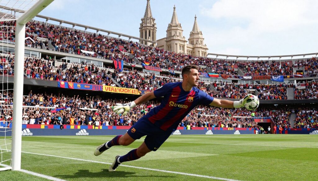A dynamic scene illustrating a soccer player in action, dressed in the colors of FC Barcelona, representing Wojciech Szczęsny. The foreground features the player making a save, showcasing athleticism and focus. In the middle ground, a vibrant soccer stadium brimming with enthusiastic fans, displaying banners of support, set against a bright, sunny day. The background reveals the iconic architecture of Barcelona, subtly hinting at the city’s culture. Soft, natural lighting captures the energy of the moment, with a slightly low angle perspective to emphasize the player's stature. The atmosphere is inspiring and energetic, evoking the excitement of European soccer and the financial prowess represented by salaries in euros. A dynamic scene illustrating a soccer player in action, dressed in the colors of FC Barcelona, representing Wojciech Szczęsny. The foreground features the player making a save, showcasing athleticism and focus. In the middle ground, a vibrant soccer stadium brimming with enthusiastic fans, displaying banners of support, set against a bright, sunny day. The background reveals the iconic architecture of Barcelona, subtly hinting at the city’s culture. Soft, natural lighting captures the energy of the moment, with a slightly low angle perspective to emphasize the player's stature. The atmosphere is inspiring and energetic, evoking the excitement of European soccer and the financial prowess represented by salaries in euros.