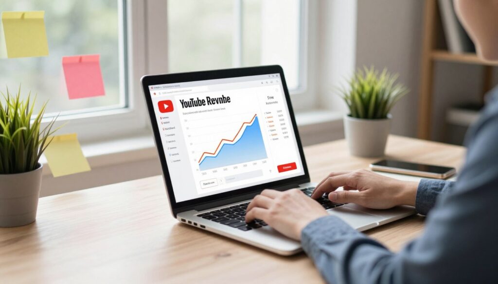 A dynamic scene illustrating the concept of YouTube ad revenue, centered around a laptop on a stylish desk. In the foreground, the screen displays vibrant graphs and statistics related to ad views and earnings, and a person's hands are typing, dressed in smart casual attire. The middle ground features a modern workspace with colorful post-it notes and a small plant, emphasizing productivity and creativity. In the background, a large window lets in bright, natural light, casting soft shadows that create an inviting atmosphere. The overall mood is professional yet approachable, capturing the essence of digital entrepreneurship and the financial opportunities on YouTube. The image should convey excitement and potential in the digital advertising landscape. A dynamic scene illustrating the concept of YouTube ad revenue, centered around a laptop on a stylish desk. In the foreground, the screen displays vibrant graphs and statistics related to ad views and earnings, and a person's hands are typing, dressed in smart casual attire. The middle ground features a modern workspace with colorful post-it notes and a small plant, emphasizing productivity and creativity. In the background, a large window lets in bright, natural light, casting soft shadows that create an inviting atmosphere. The overall mood is professional yet approachable, capturing the essence of digital entrepreneurship and the financial opportunities on YouTube. The image should convey excitement and potential in the digital advertising landscape.