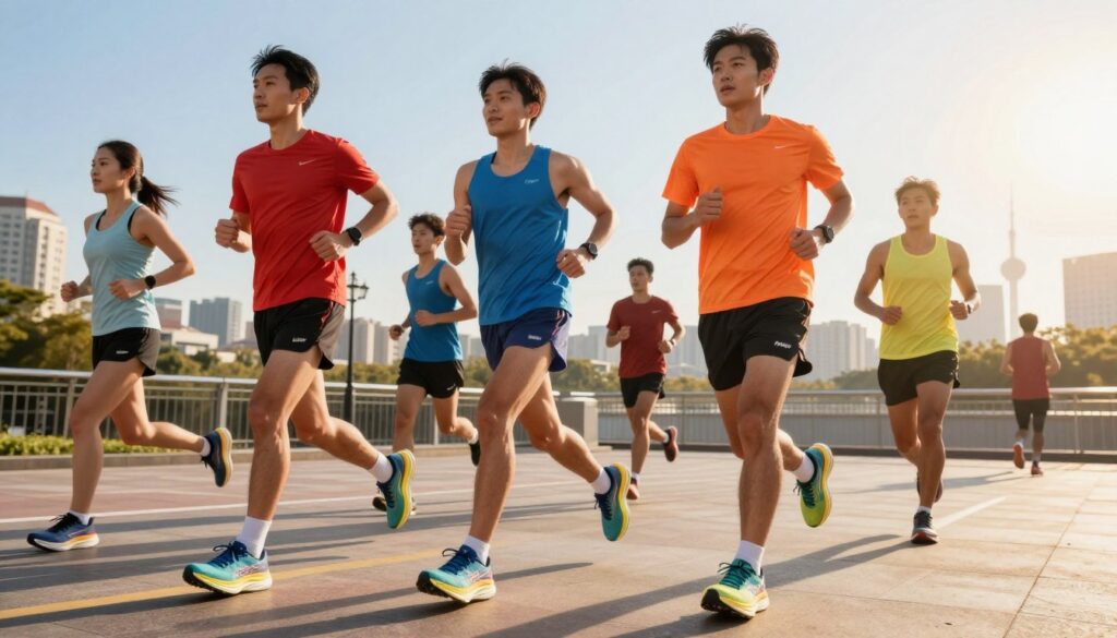 A dynamic scene showcasing the transformative impact of Hoka footwear on the running market. In the foreground, a diverse group of enthusiastic runners is wearing vibrant Hoka shoes, showcasing their distinctive design. They are depicted in motion on a city running path, their expressions conveying excitement and freedom. The middle ground features a bustling urban environment with iconic landmarks, representing the global influence of Hoka. The background includes a bright, clear sky with the sun casting warm golden light, creating an uplifting atmosphere. The image should have a slightly angled perspective to emphasize movement and energy. The overall mood is energetic and inspiring, highlighting the brand's revolutionary effect on running culture.