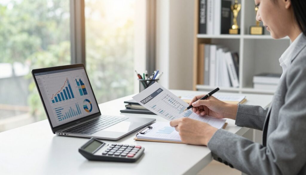 A financially savvy business professional sits at a modern desk, analyzing documents and financial reports. In the foreground, a laptop displays graphs and charts indicating financial stability, while a calculator lies beside a notepad filled with notes. The middle layer showcases a large window through which natural light floods in, illuminating the workspace. In the background, a bookshelf filled with business books and industry awards enhances the professional atmosphere. The scene conveys a sense of determination and trust, with a clean, organized aesthetic. The lighting is bright and warm, creating an inviting yet serious mood. Camera angle focuses on the desk, capturing the essence of diligent financial assessment and credibility verification.