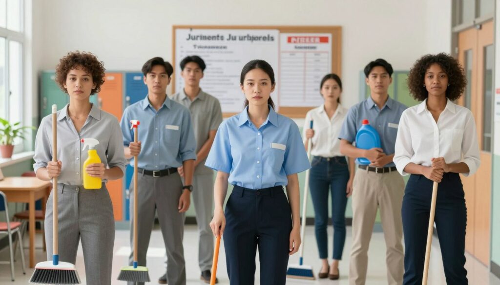 A focused and professional scene depicting the requirements for a school janitorial position. In the foreground, a diverse group of candidates in professional attire stands attentively in a well-lit school hallway. They hold cleaning supplies, such as brooms and mops, emphasizing readiness for the job. In the middle ground, there are notice boards with hints of job descriptions and checklists, showcasing qualifications needed for the role. The background features colorful lockers and classroom doors, creating an educational atmosphere. Soft, natural lighting enhances the welcoming environment. The camera is positioned at eye level, capturing expressions of determination and professionalism, evoking a sense of responsibility and commitment in the context of school cleanliness.