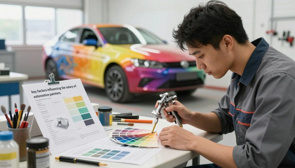 A focused illustration showcasing "key factors influencing the salary of automotive painters." In the foreground, a skilled automotive painter in professional attire, concentrating on his work, while surrounded by tools like spray guns and color swatches. In the middle ground, a detailed workspace filled with a variety of paint samples and charts representing different factors such as experience level, geographic location, and industry demand, subtly indicated. The background features a bright and well-lit workshop with a car being painted in vibrant colors, emphasizing a busy and productive atmosphere. Use natural lighting to create a warm and inviting mood, with a slight depth of field to highlight the main elements while keeping the background slightly blurred.