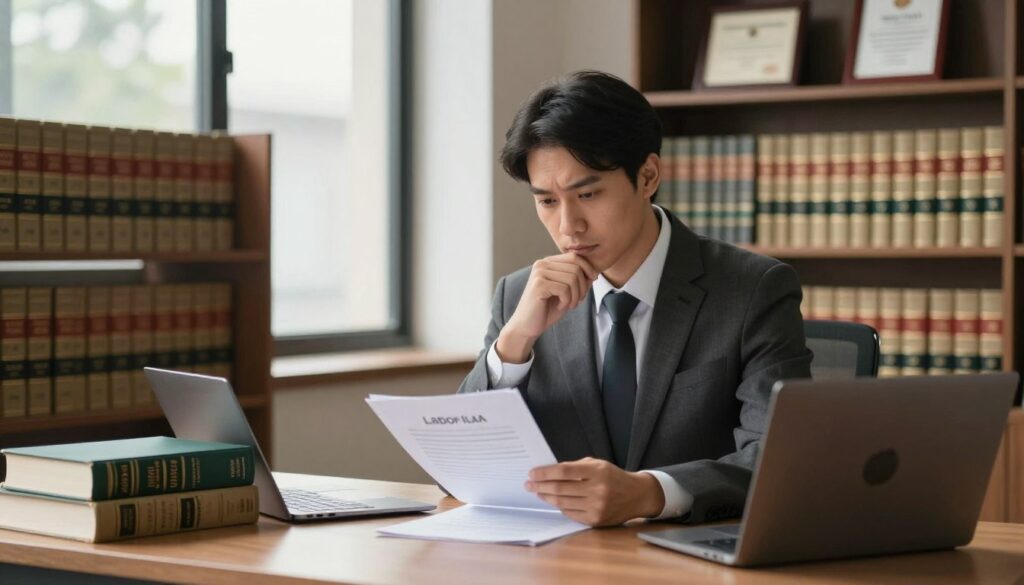 A focused law expert in an office environment, wearing a sharp business suit. The foreground features a well-organized desk with legal books, a laptop, and paperwork. In the middle, the expert is engaged in deep thought, reviewing documents related to labor law, with a thoughtful expression. Surrounding them are shelves filled with legal texts and framed degrees, symbolizing expertise in labor law. The background showcases a warm, natural light streaming in through large windows, creating a professional yet inviting atmosphere. The overall mood is serious and contemplative, emphasizing the importance of understanding complex labor laws and their implications for workers' rights and entitlements.