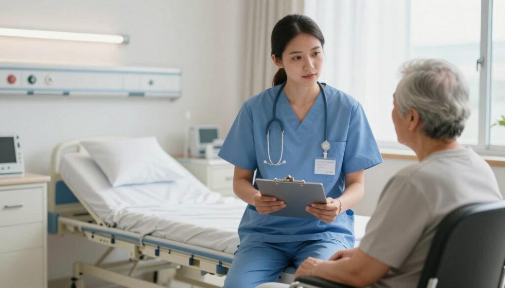 A focused medical caregiver stands attentively in a well-lit hospital room, wearing professional scrubs and a name badge. In the foreground, the caregiver is holding a clipboard while looking compassionately at an elderly patient seated in a modern hospital chair, showcasing a supportive atmosphere. In the middle ground, a medical bed is neatly arranged with medical equipment visible, emphasizing a clinical environment. The background features soft, natural lighting coming through a window, illuminating the space warmly. The scene conveys a sense of professionalism, care, and dedication, suitable for illustrating the importance of decent salaries for medical caregivers in today's market.