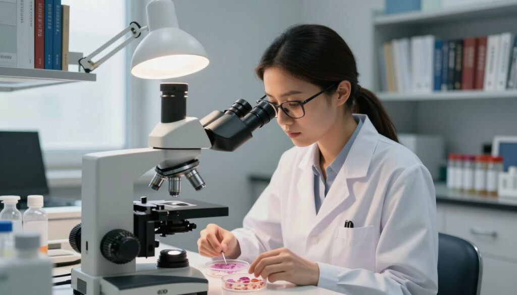 A focused pathology lab scene showcasing a female pathologist in a white lab coat, analyzing tissue samples under a microscope. In the foreground, the microscope is sharply detailed, with samples neatly arranged in petri dishes. The middle section reveals the pathologist, who has glasses and is deeply concentrated, with a bright desk lamp illuminating the workspace, creating a warm and professional atmosphere. In the background, shelves filled with medical books and labeled sample jars are slightly out of focus, adding depth to the environment. Soft, natural lighting from a window casts diffused shadows, enhancing a sense of dedication and expertise. The overall mood is serious yet inspiring, symbolizing the crucial role of specialization in pathology as a foundation for higher earnings. A focused pathology lab scene showcasing a female pathologist in a white lab coat, analyzing tissue samples under a microscope. In the foreground, the microscope is sharply detailed, with samples neatly arranged in petri dishes. The middle section reveals the pathologist, who has glasses and is deeply concentrated, with a bright desk lamp illuminating the workspace, creating a warm and professional atmosphere. In the background, shelves filled with medical books and labeled sample jars are slightly out of focus, adding depth to the environment. Soft, natural lighting from a window casts diffused shadows, enhancing a sense of dedication and expertise. The overall mood is serious yet inspiring, symbolizing the crucial role of specialization in pathology as a foundation for higher earnings.