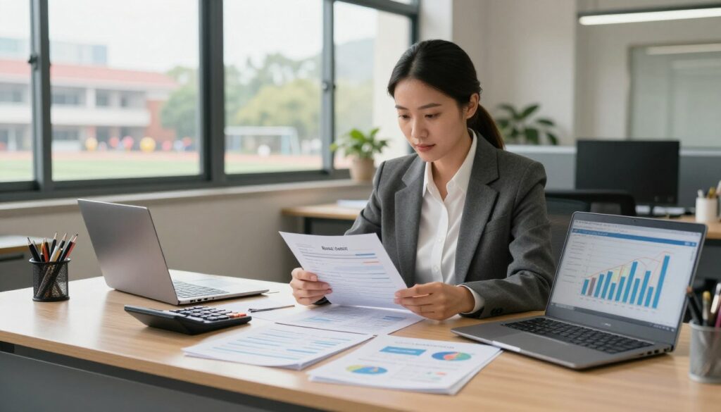 A focused scene depicting the various components of a school director's salary, set in a modern office environment. In the foreground, a stylish desk cluttered with papers, a calculator, and a laptop displaying financial graphs, symbolizing budget management. In the middle, a confident school director in professional attire, analyzing a document, surrounded by charts that illustrate different salary components such as base salary, bonuses, and benefits. In the background, large windows letting in natural light, showcasing a distant view of a school playground, adding context. The atmosphere is serious yet professional, with a warm, inviting color palette, soft lighting, and a slight depth of field effect to emphasize the director's role in managing salary components effectively.