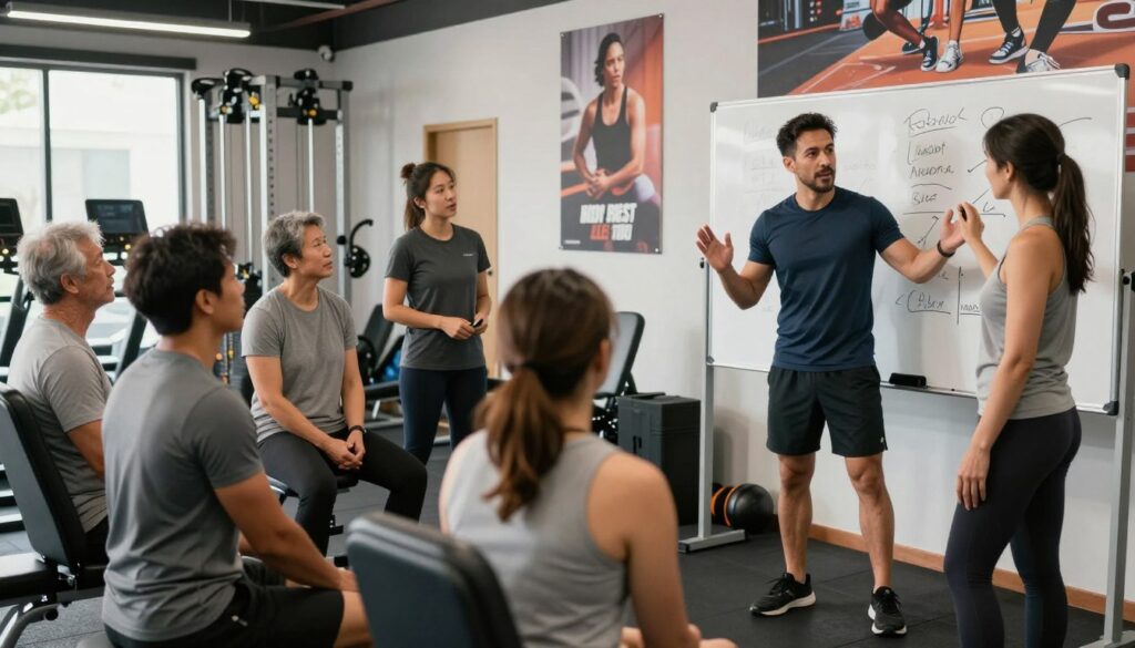 A focused scene illustrating a personal trainer strategizing to build a profitable client base. In the foreground, a professional personal trainer, dressed in modern athletic wear, is engaging with a diverse group of potential clients in a well-lit gym setting. The trainer is presenting a strategy on a whiteboard, highlighting key points with enthusiastic gestures. In the middle ground, individuals of various ages and backgrounds are listening attentively, showcasing a sense of interest and inspiration. The background features various gym equipment and motivational posters, creating an energetic atmosphere. The lighting is bright and uplifting, enhancing the positive mood of the scene. The composition should be captured using a wide-angle lens, emphasizing both the trainer and the attentive clients in a dynamic setting that conveys professional growth and community. A focused scene illustrating a personal trainer strategizing to build a profitable client base. In the foreground, a professional personal trainer, dressed in modern athletic wear, is engaging with a diverse group of potential clients in a well-lit gym setting. The trainer is presenting a strategy on a whiteboard, highlighting key points with enthusiastic gestures. In the middle ground, individuals of various ages and backgrounds are listening attentively, showcasing a sense of interest and inspiration. The background features various gym equipment and motivational posters, creating an energetic atmosphere. The lighting is bright and uplifting, enhancing the positive mood of the scene. The composition should be captured using a wide-angle lens, emphasizing both the trainer and the attentive clients in a dynamic setting that conveys professional growth and community.