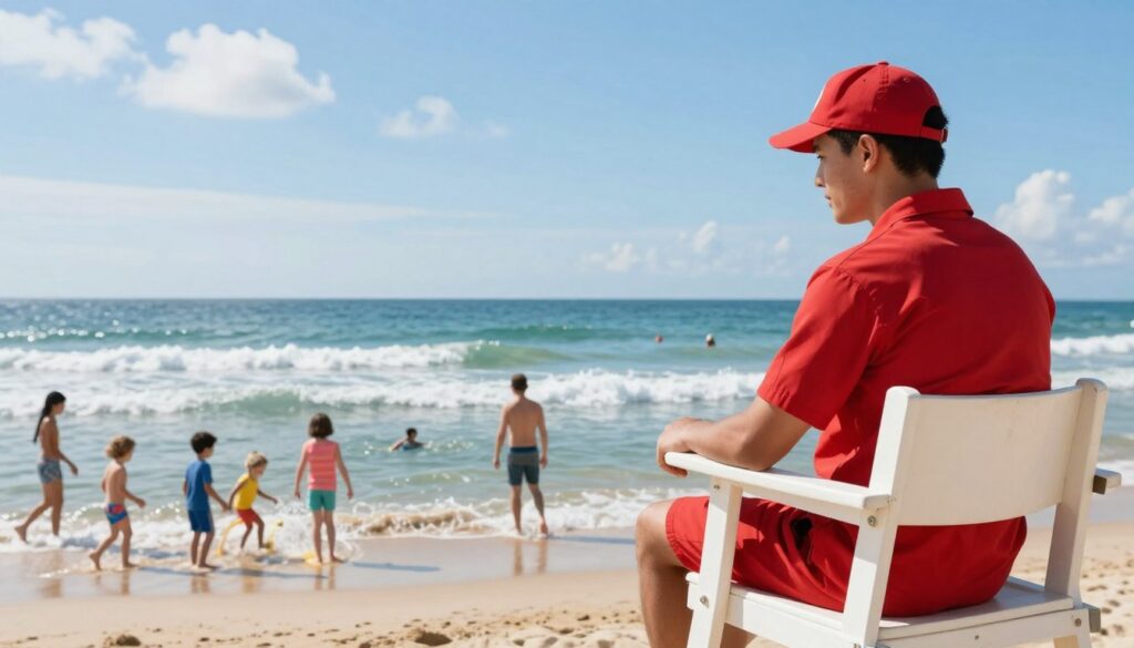 A focused scene showcasing a young lifeguard in a professional red uniform, sitting on a lifeguard chair at a sunny beach. In the foreground, the lifeguard is attentively scanning the water, embodying vigilance and responsibility. The middle ground captures families enjoying the beach, with children playing in the sand and swimming in the waves, illustrating a safe environment due to the presence of the lifeguard. The background features a clear blue sky with a few fluffy clouds and gentle waves lapping at the shore. The lighting is bright and cheerful, suggesting a warm summer day that enhances the lively atmosphere. The angle is slightly elevated, providing a comprehensive view that emphasizes the lifeguard's role in ensuring safety at the beach.