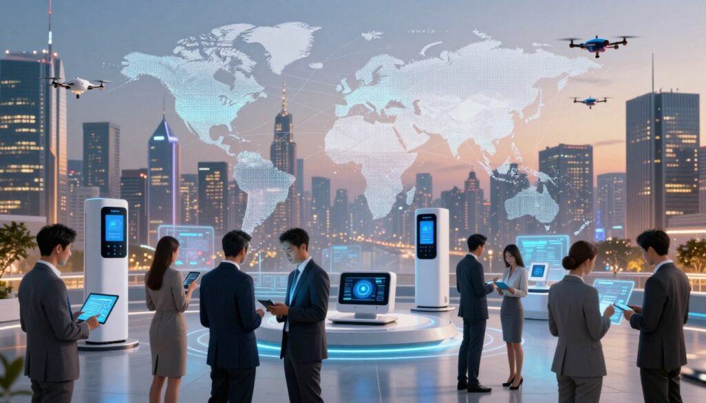 A futuristic cityscape showcasing global technological innovation, with a blend of modern skyscrapers and interconnected digital networks. In the foreground, a diverse group of professionals in business attire are interacting with advanced gadgets and displaying holographic interfaces. The middle ground features sleek smart appliances and cutting-edge electronics, symbolizing the technology revolution. The background displays a skyline illuminated by evening lights, with drones and other technological advancements seamlessly integrated into the scene. Bright and vibrant colors emphasize a feeling of progress and dynamism. Soft, ambient lighting creates a warm atmosphere, suggesting collaboration and innovation on a global scale. A futuristic cityscape showcasing global technological innovation, with a blend of modern skyscrapers and interconnected digital networks. In the foreground, a diverse group of professionals in business attire are interacting with advanced gadgets and displaying holographic interfaces. The middle ground features sleek smart appliances and cutting-edge electronics, symbolizing the technology revolution. The background displays a skyline illuminated by evening lights, with drones and other technological advancements seamlessly integrated into the scene. Bright and vibrant colors emphasize a feeling of progress and dynamism. Soft, ambient lighting creates a warm atmosphere, suggesting collaboration and innovation on a global scale.