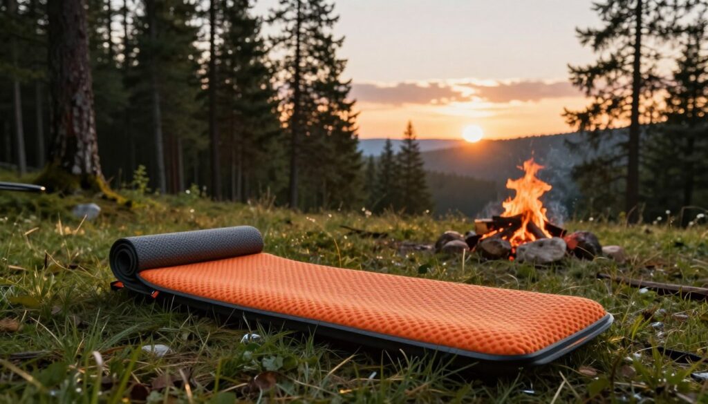 A high-quality image of a Forclaz Trek 700 sleeping mat, prominently displayed in the foreground on a scenic outdoor campsite. The mat is unrolled on a soft patch of grass, showcasing its vibrant colors and unique texture. In the middle ground, a tranquil forest setting with tall pine trees adds depth, while a small campfire crackles gently to the side, surrounded by stones, creating a cozy atmosphere. In the background, a stunning sunset casts warm golden hues across the sky, enhancing the peaceful mood. The lighting is soft and natural, evoking an inviting and adventurous spirit. Capture the scene with a slightly elevated angle to highlight the sleeping mat and the serene environment around it. No human figures are included to maintain focus on the product.