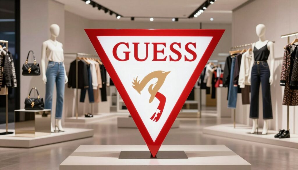 A high-resolution image of the iconic Guess logo featuring a bold red triangle and white lettering. The logo is prominently placed in the foreground, set against a stylish backdrop of a modern fashion showroom. In the middle ground, showcase elegantly arranged apparel and accessories from the Guess brand, such as trendy jeans and chic handbags, displayed on mannequins. The background should feature upscale fashion elements like sleek lighting and reflective surfaces to enhance a luxurious atmosphere. The scene is well-lit with soft spotlighting that emphasizes the logo's details, capturing a contemporary yet classic vibe. The overall mood is trendy and sophisticated, reflecting the impact of the Guess brand on the fashion world. The image is devoid of any text, ensuring a seamless representation of the brand.