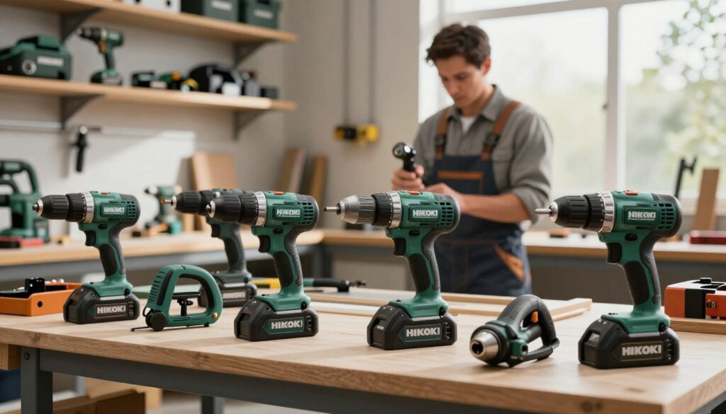 A highly detailed illustration of HiKOKI power tools showcased on a sleek workbench in a well-lit workshop. In the foreground, various HiKOKI tools such as drills, saws, and impact wrenches are arranged neatly, highlighting their distinct green and black color scheme. The middle ground includes a craftsman in professional attire, demonstrating one of the tools with focused concentration. In the background, shelves display a variety of other HiKOKI products, while soft, natural light filters in from a window, creating an inviting atmosphere. The scene conveys precision, innovation, and the spirit of craftsmanship, capturing the essence of the HiKOKI brand. A highly detailed illustration of HiKOKI power tools showcased on a sleek workbench in a well-lit workshop. In the foreground, various HiKOKI tools such as drills, saws, and impact wrenches are arranged neatly, highlighting their distinct green and black color scheme. The middle ground includes a craftsman in professional attire, demonstrating one of the tools with focused concentration. In the background, shelves display a variety of other HiKOKI products, while soft, natural light filters in from a window, creating an inviting atmosphere. The scene conveys precision, innovation, and the spirit of craftsmanship, capturing the essence of the HiKOKI brand.