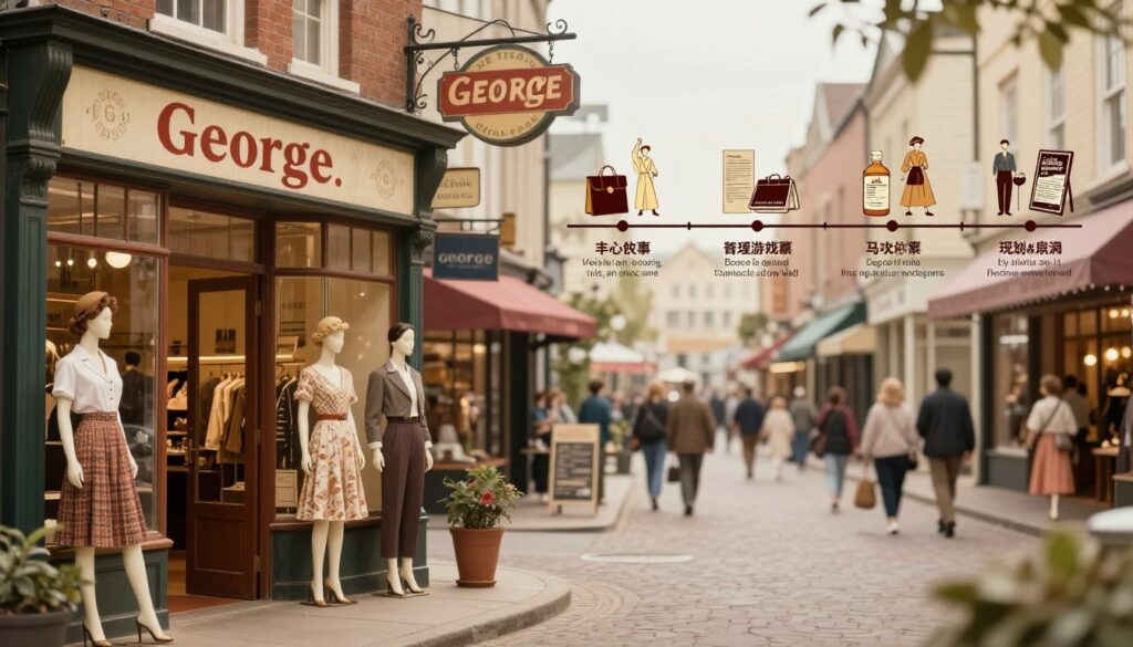 A historical representation of the George brand, showcasing its evolution over the years. In the foreground, feature a vintage storefront labeled "George," adorned with classic signage and mannequins dressed in quintessential fashion from various decades. In the middle, include illustrative timelines with key milestones in the company’s history, such as product launches and memorable advertisements, artistically rendered to highlight their significance. The background should depict a bustling shopping street, blending modern and retro elements, to symbolize the brand’s presence in contemporary retail. Use warm lighting to evoke a nostalgic, inviting atmosphere, with a slightly blurred depth of field to focus on the foreground details while hinting at an engaging story behind the brand.