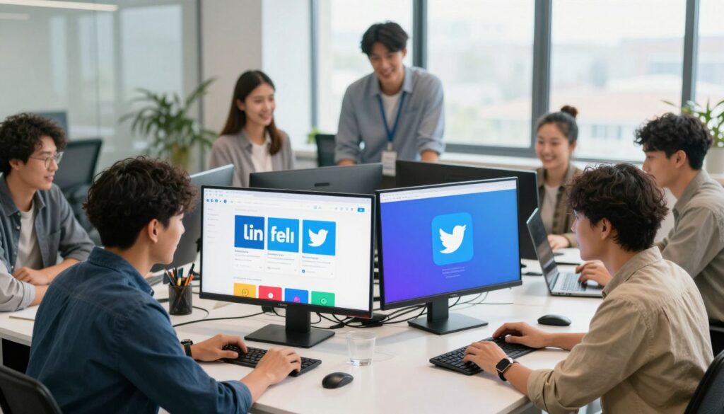 A lively and engaging depiction of social media potential, showcasing a diverse group of young professionals collaborating in a modern office space. In the foreground, two individuals in smart casual attire are discussing ideas, surrounded by digital screens displaying various social media platforms such as LinkedIn, Twitter, and Facebook, illuminated with vibrant colors. In the middle ground, colleagues are brainstorming around a large table filled with laptops and digital devices, fostering a dynamic atmosphere of creativity and communication. The background features a bright, open office environment with large windows allowing natural light to pour in, creating a warm, inviting mood. Capture this scene from a slight angle to emphasize interaction and collaboration, with a focus on friendly expressions and a sense of teamwork.
